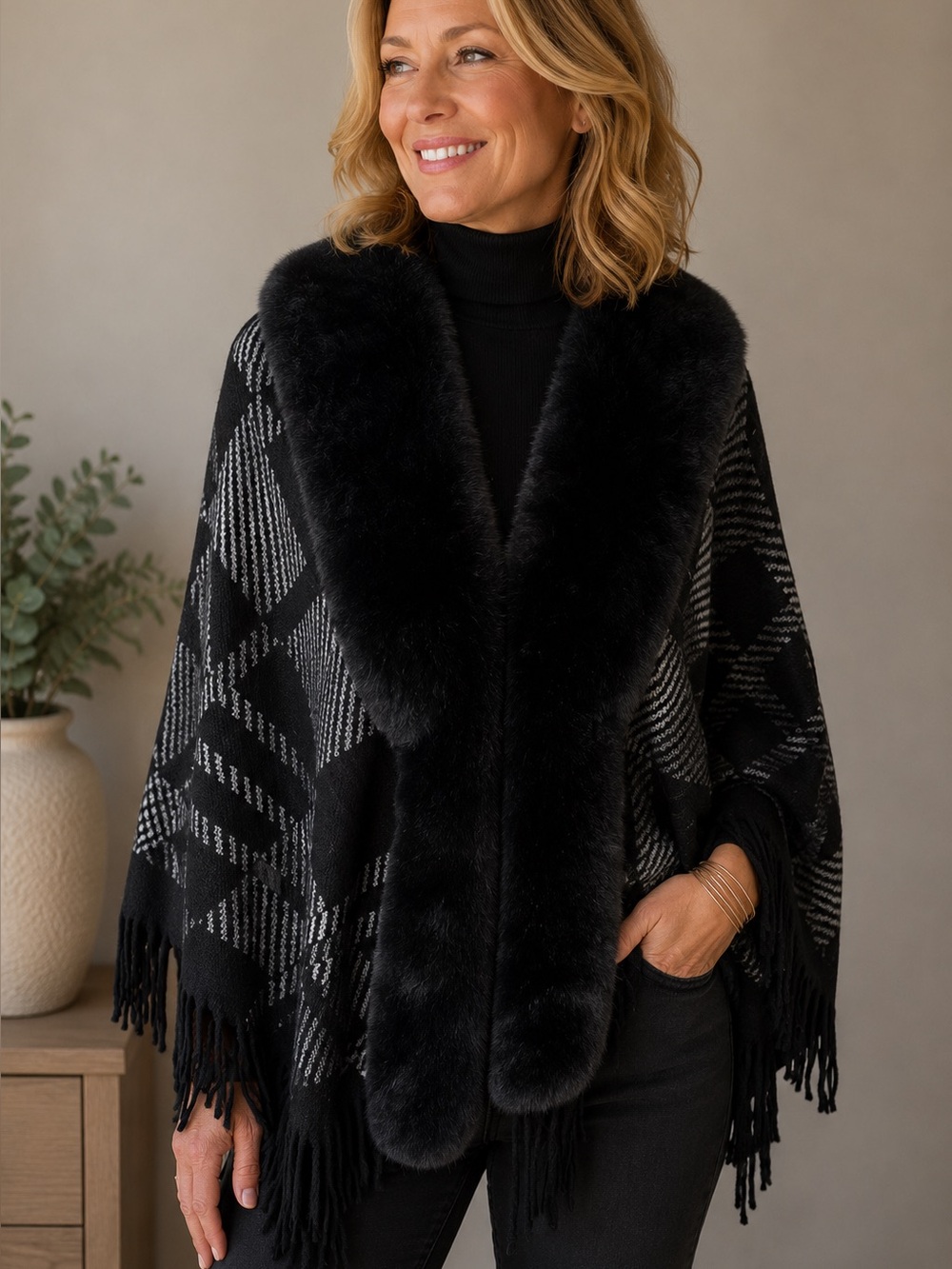 Ali Miles Size L Black Gray Plaid Faux Fur Trim Fringe Hem Sweater Vest Wrap